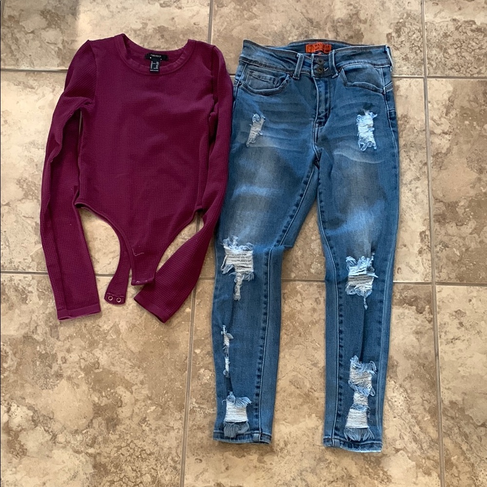 Burgundy Bodysuit Forever 21 M and Distressed Blue Jeans Wax Jeans size 5
